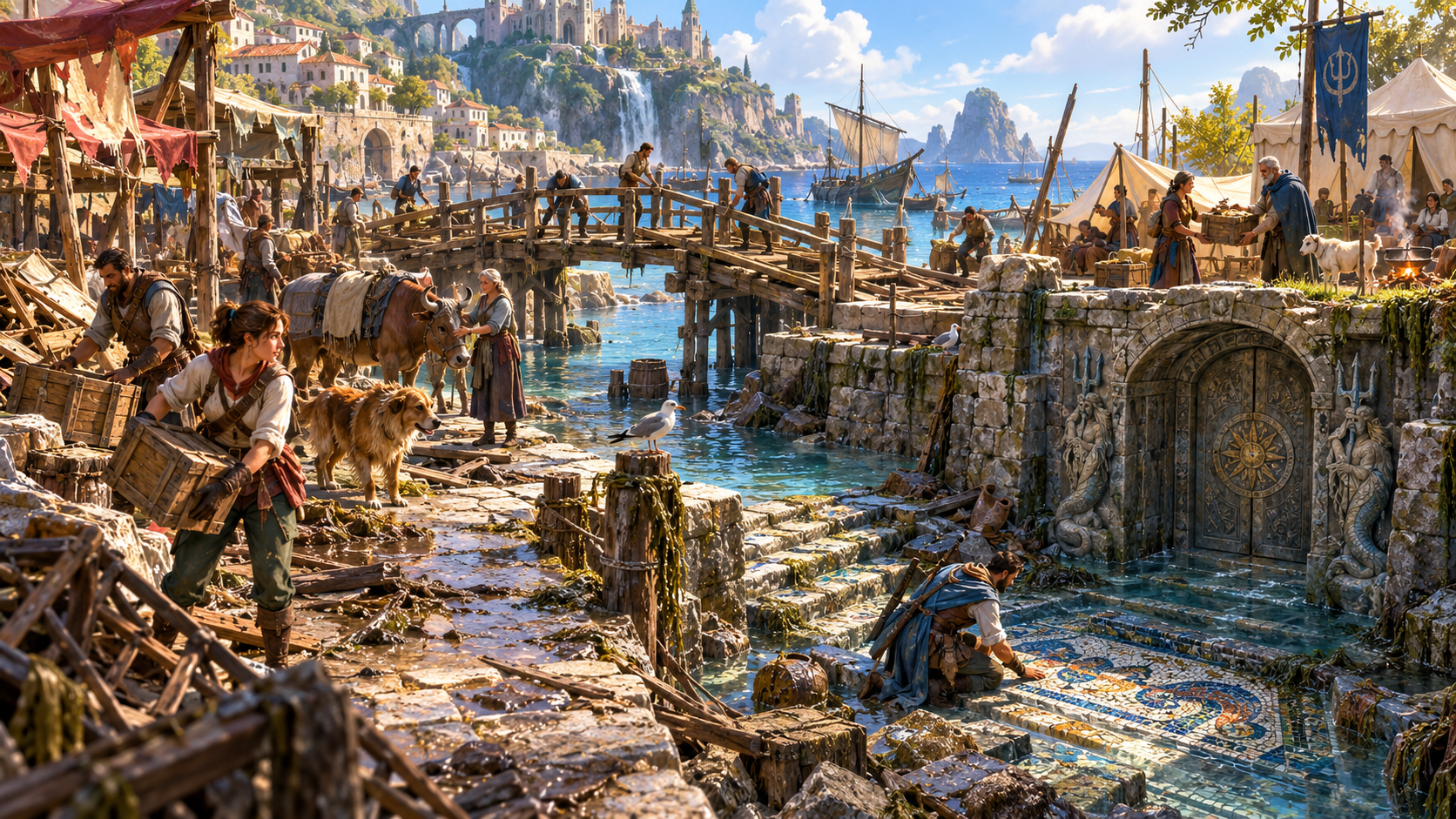 Fantasy illustration of harbour cleanup, bridge repairs and relief tents with an adventurer examining an exposed mosaic beside an ornate stone doorway