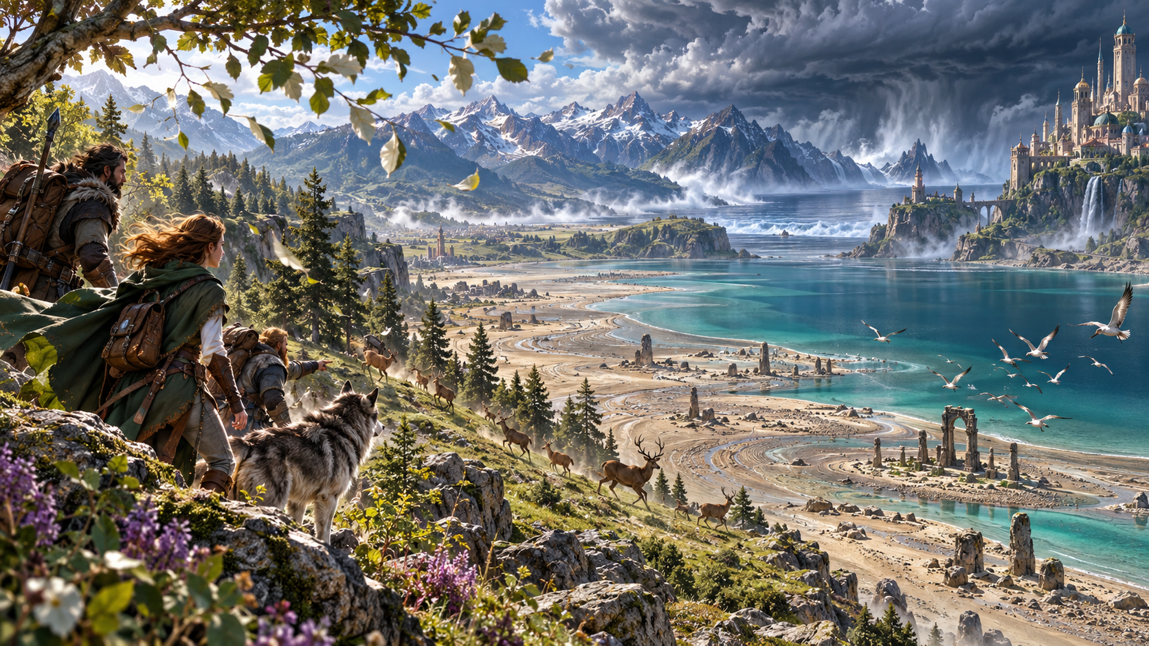 Fantasy illustration of a party and wolf watching an exposed bay from wooded heights while deer move away, birds rise and heavy clouds gather