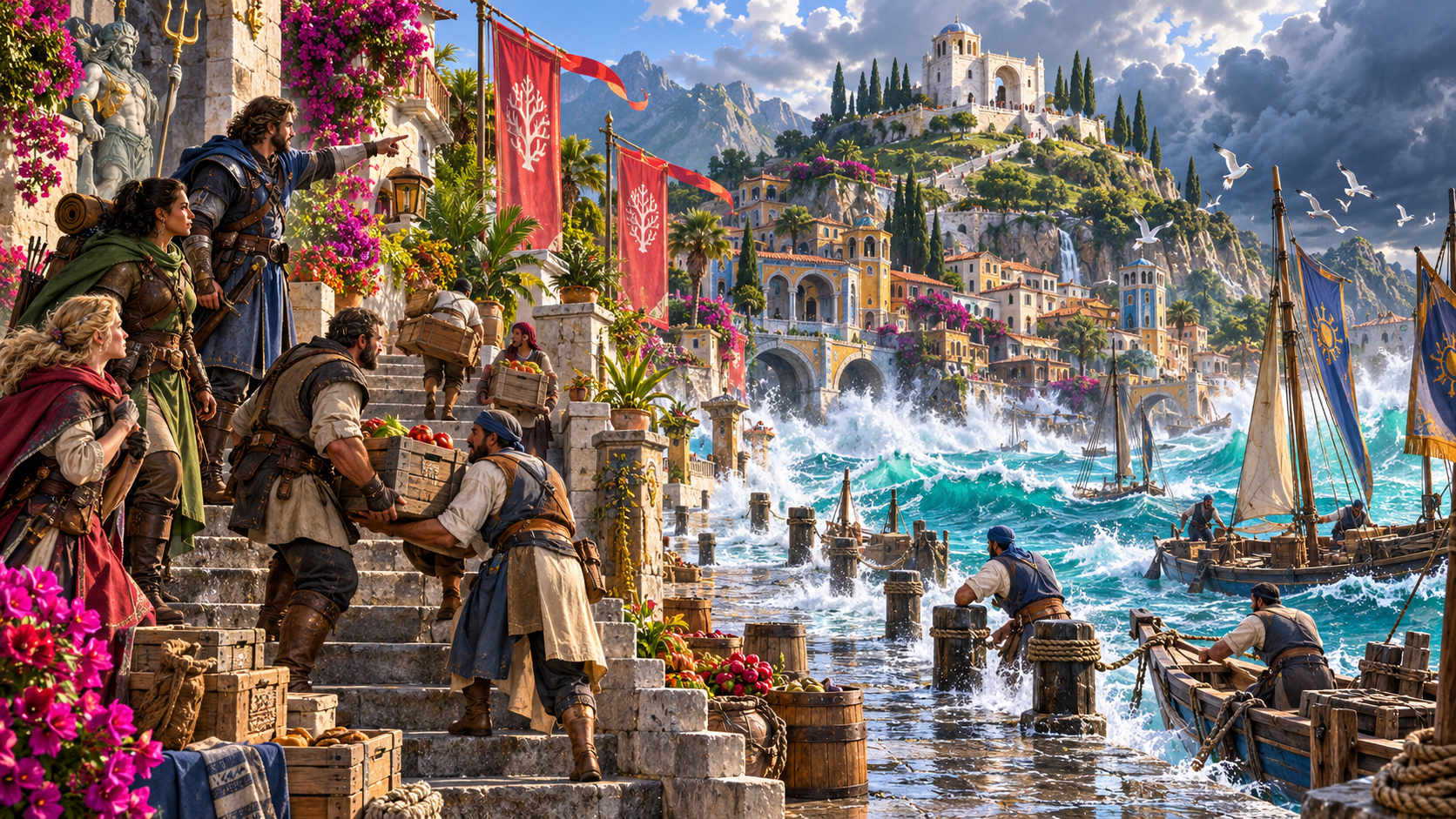 Fantasy illustration of high waves beside a coastal harbour with a party pointing toward the water and people carrying cargo up steps
