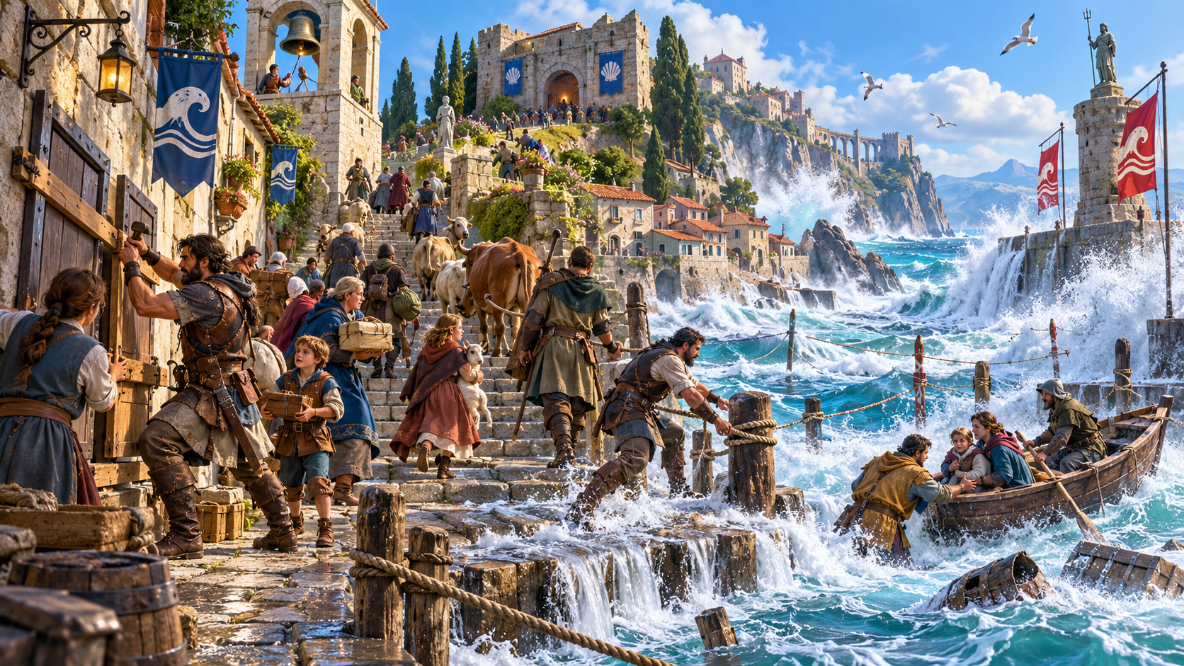 Fantasy illustration of people and animals climbing flooded harbour steps beneath an alarm bell while a family is helped from a boat toward shelter